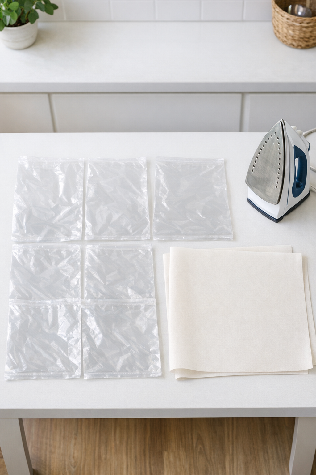 Clean cereal bags, parchment paper, and an iron arranged for the project