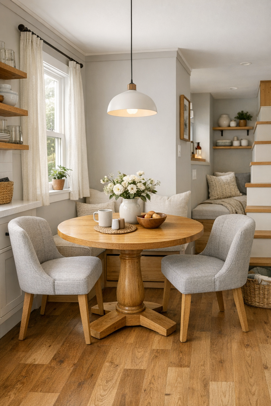 Compact dining nook with a round oak table, soft gray chairs, and a pendant light