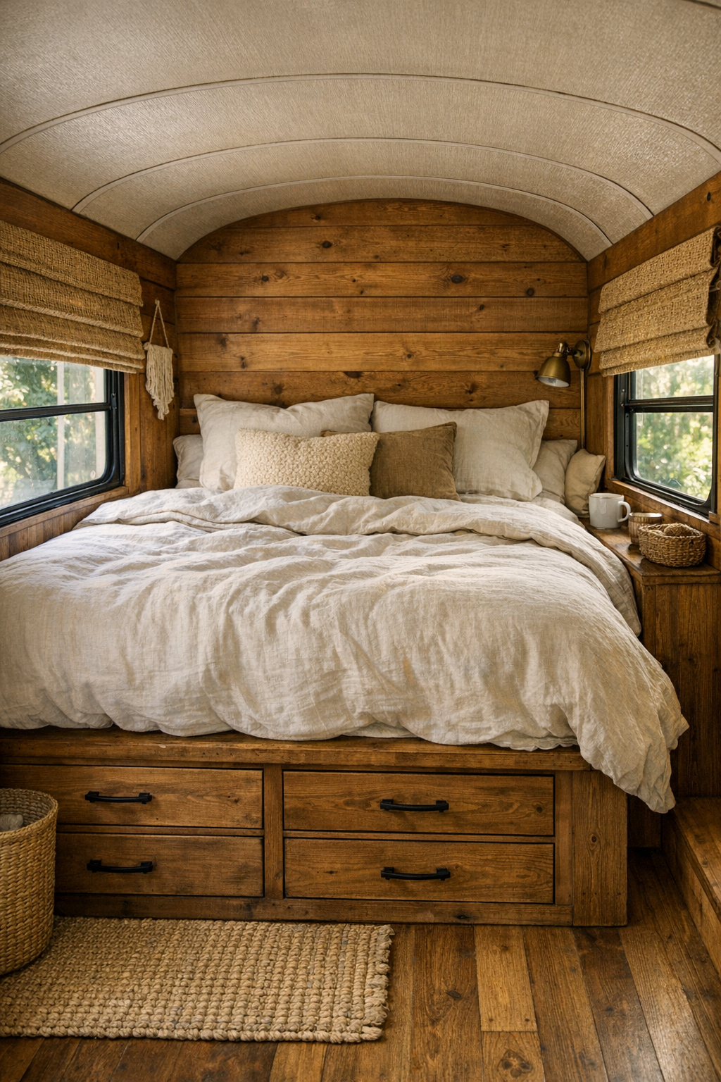 Cozy converted bus bedroom with platform bed, linen bedding, and wood walls