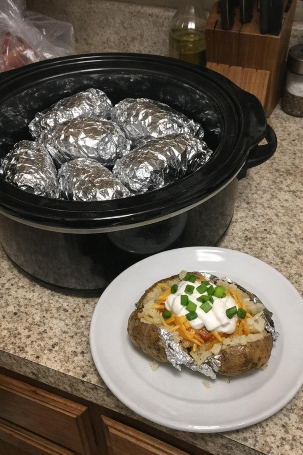Foil-wrapped baked potatoes for a loaded potato bar