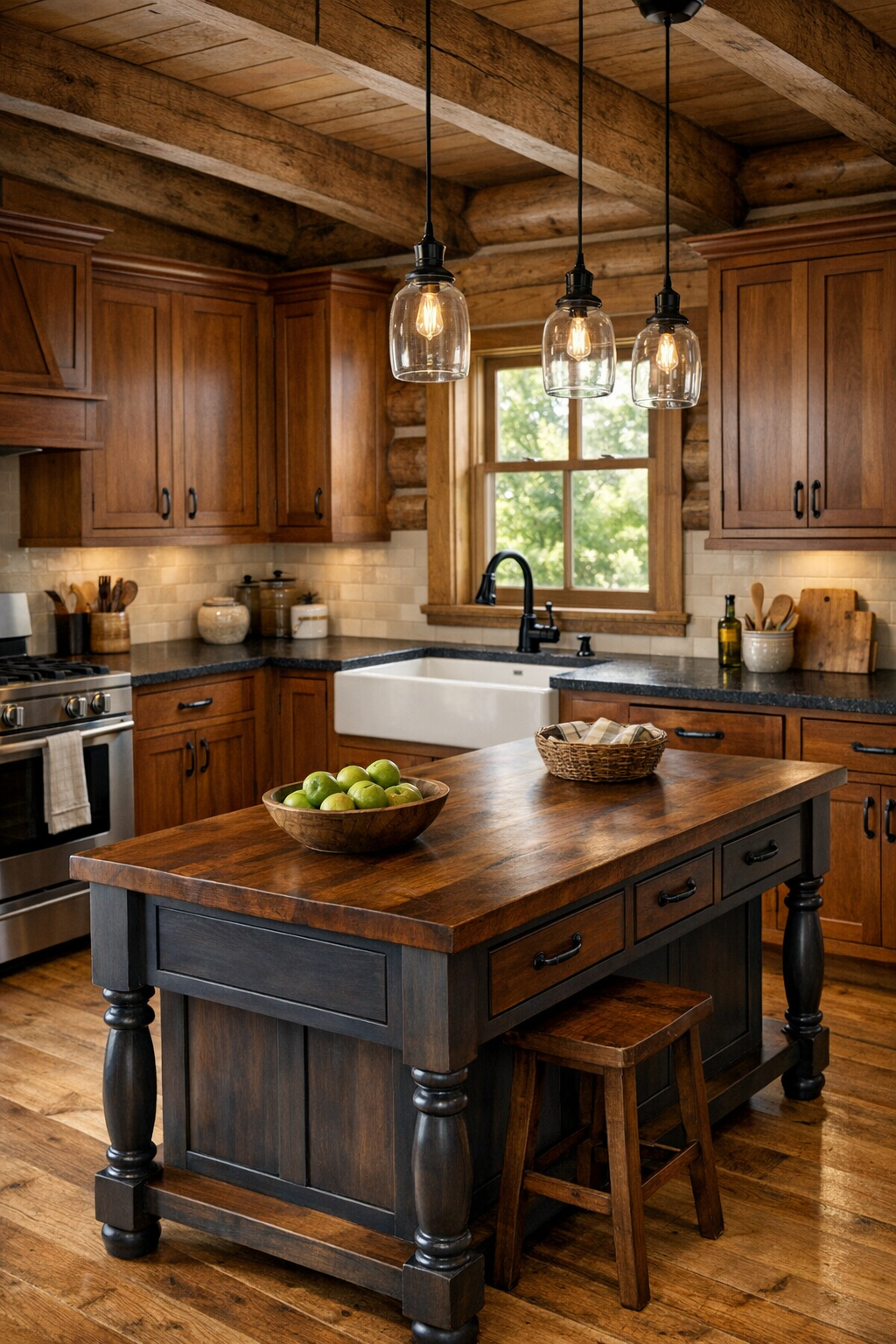 Kitchen with Amish-made wood cabinetry, farmhouse sink, and furniture-style island