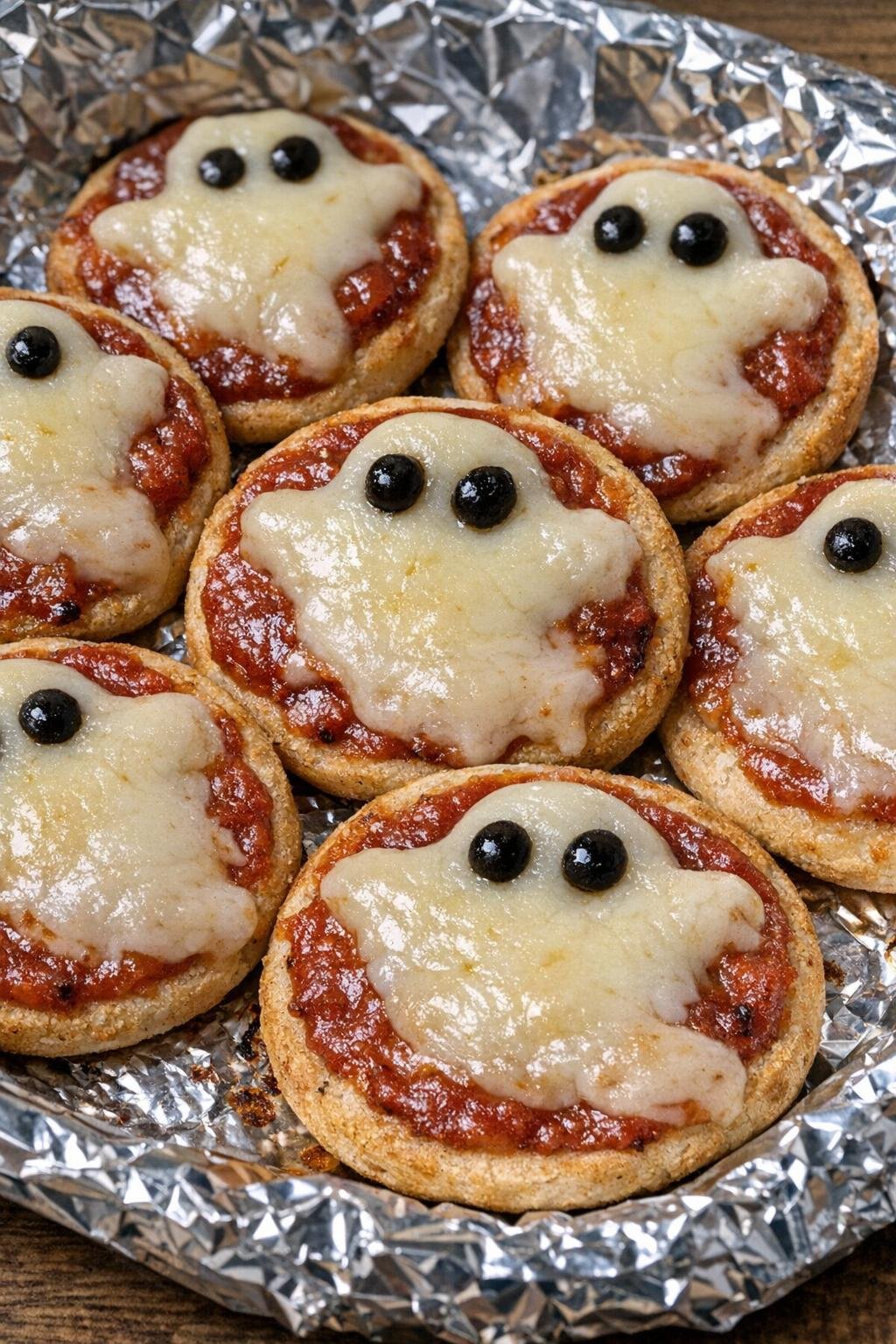 3-ingredient ghost pizzas on a foil-lined platter
