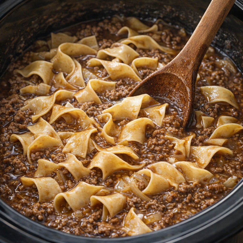 Egg noodles stirred into rich beef gravy in the slow cooker