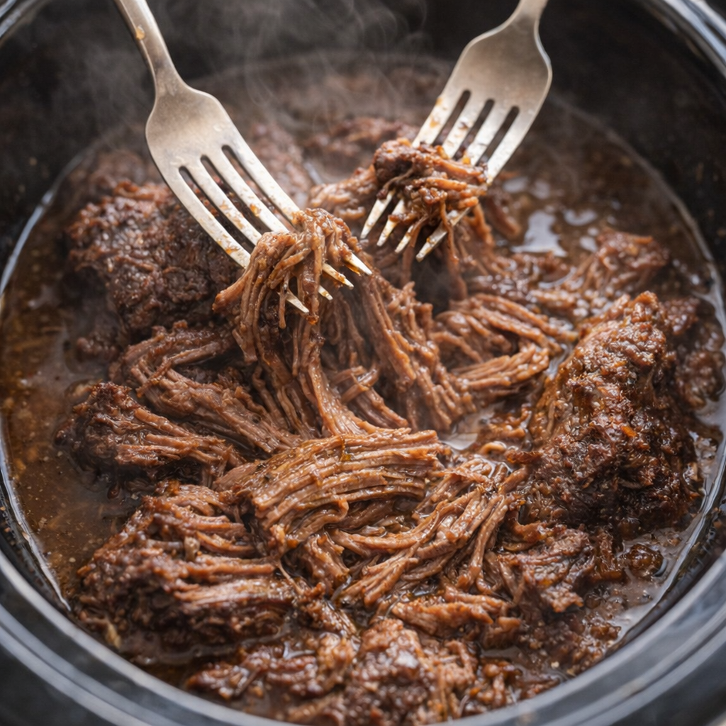 Tender beef being shredded with forks inside the slow cooker