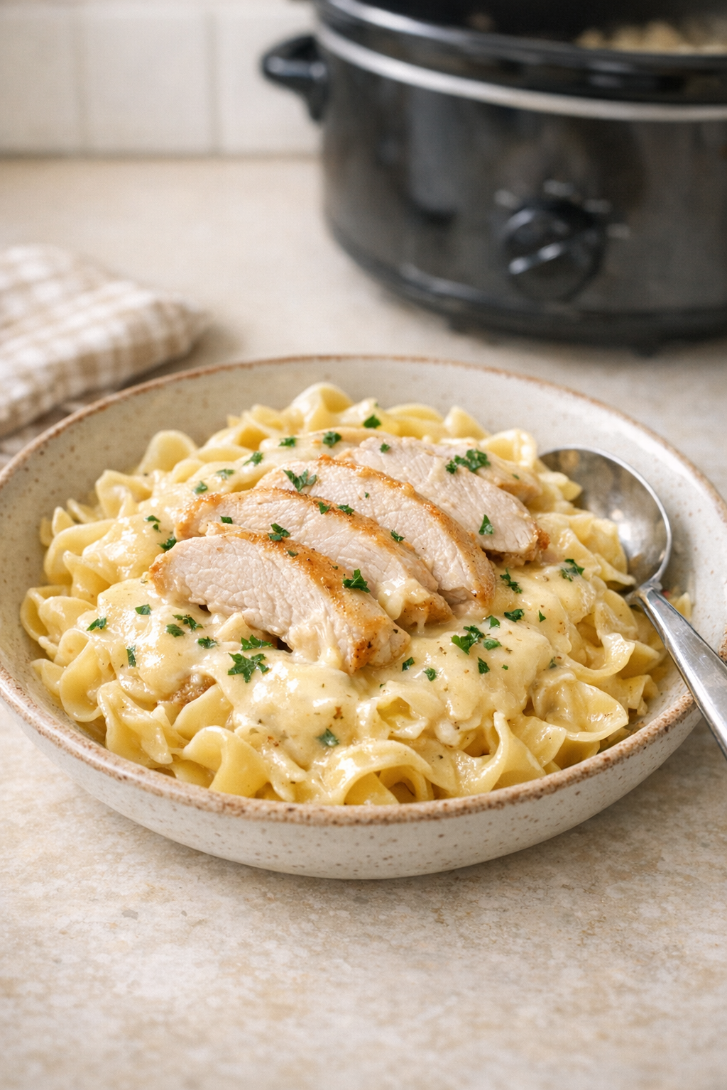 Finished brick cheese turkey pasta plated in a rustic bowl