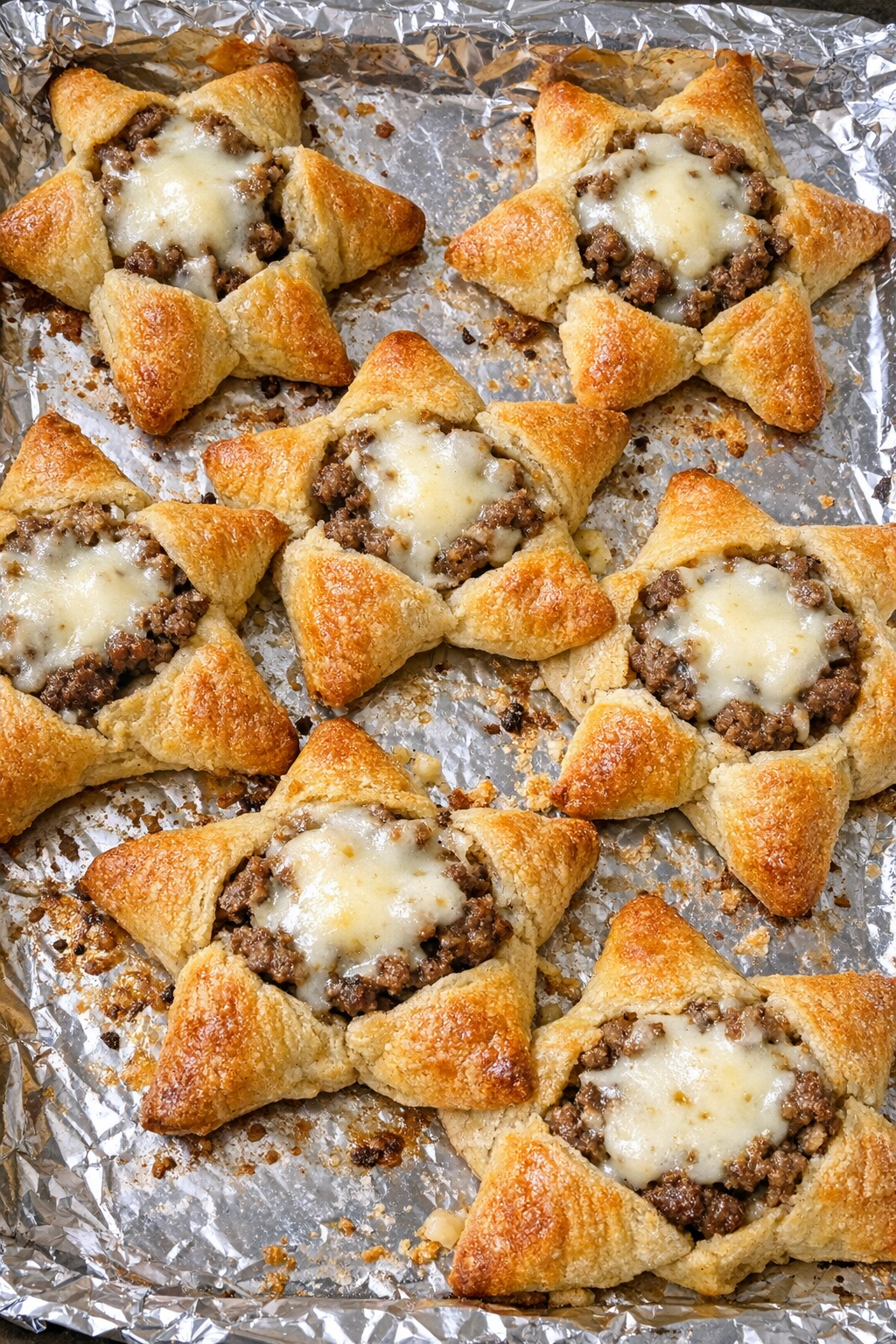 Golden brown beef crescent stars with melted provolone