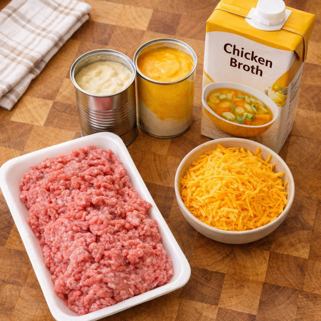 Slow cooker cheeseburger soup ingredients on a kitchen counter