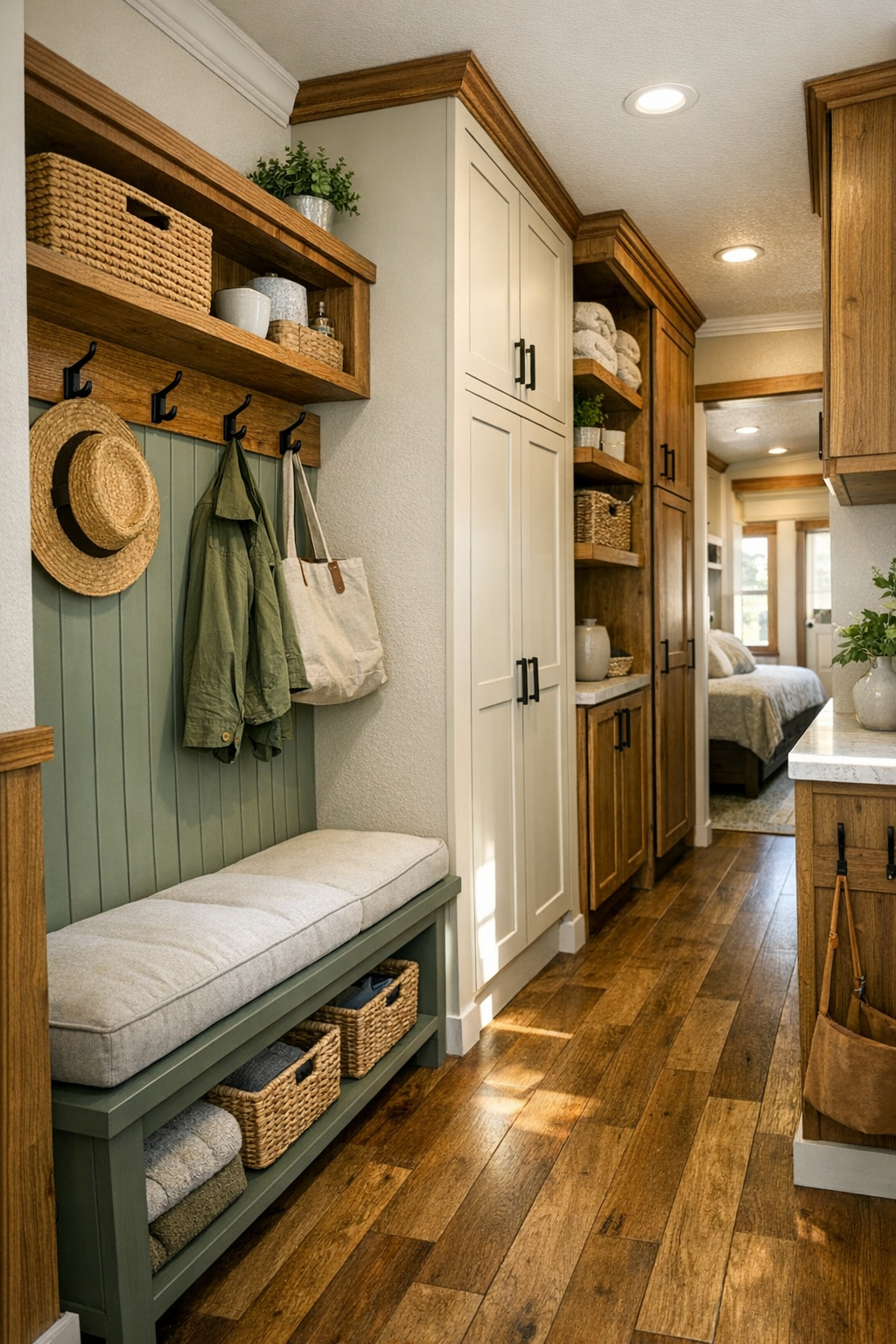 Thoughtful entry and hallway area with built-in storage and craftsman wood details