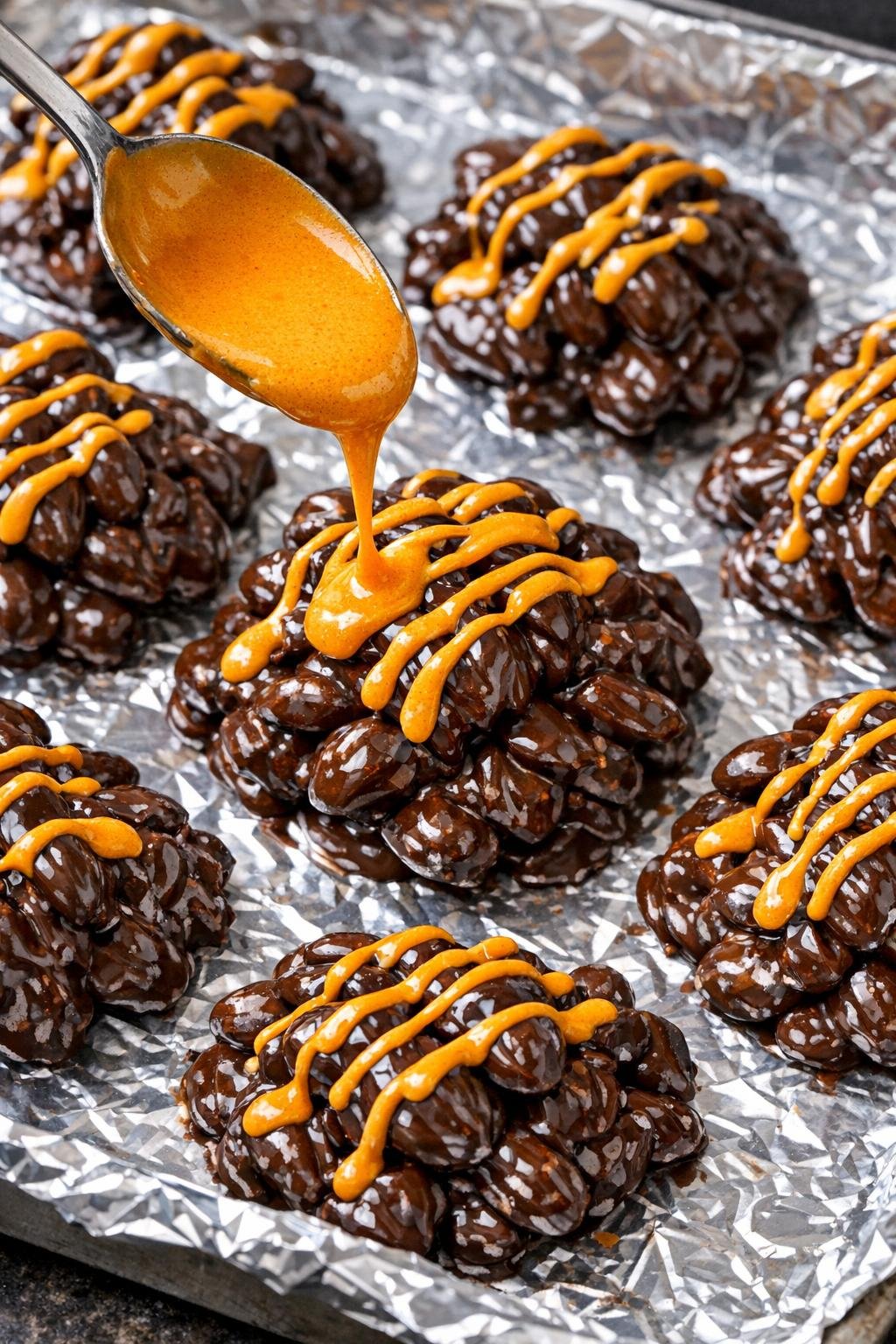 Pompoensaus over chocolade-amandelclusters