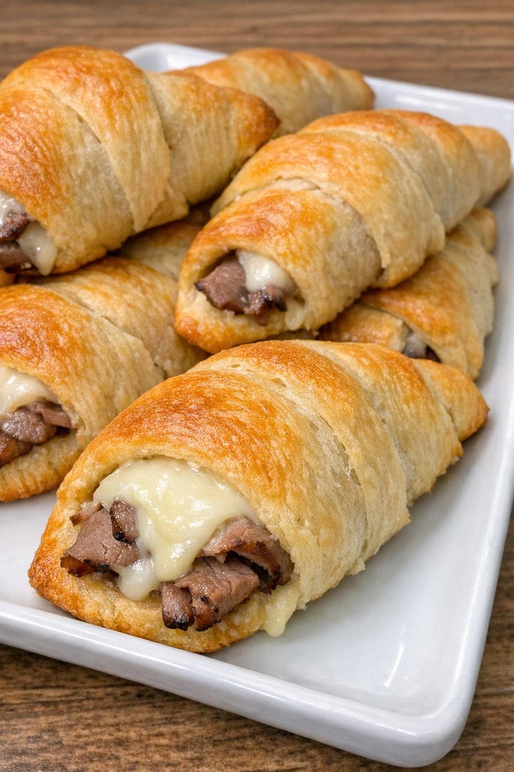 Golden brown crescent horns filled with roast beef and white American cheese on a white platter
