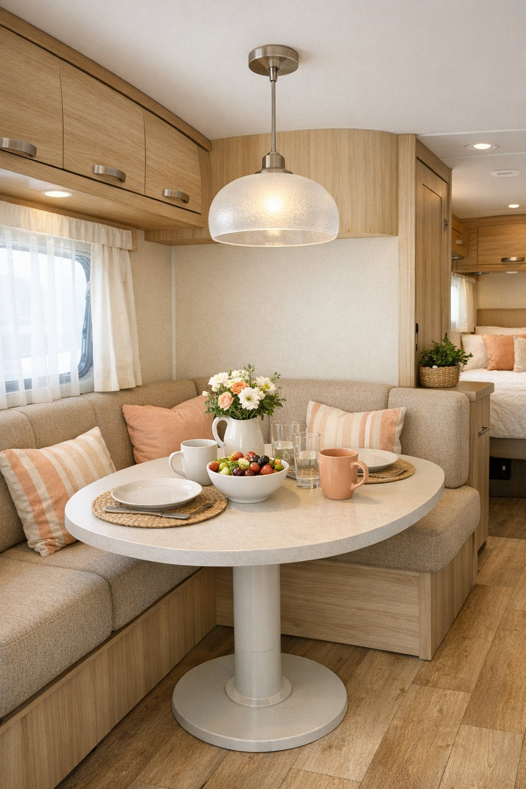 RV camper dining nook with rounded table and built-in banquette
