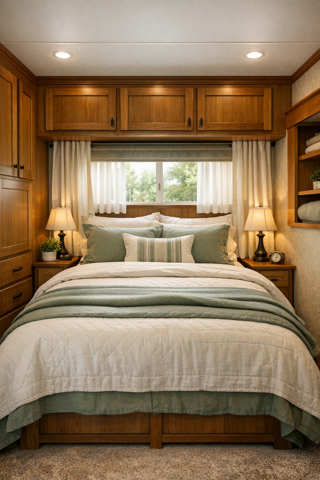 Peaceful small bedroom with layered neutral bedding and warm wood details