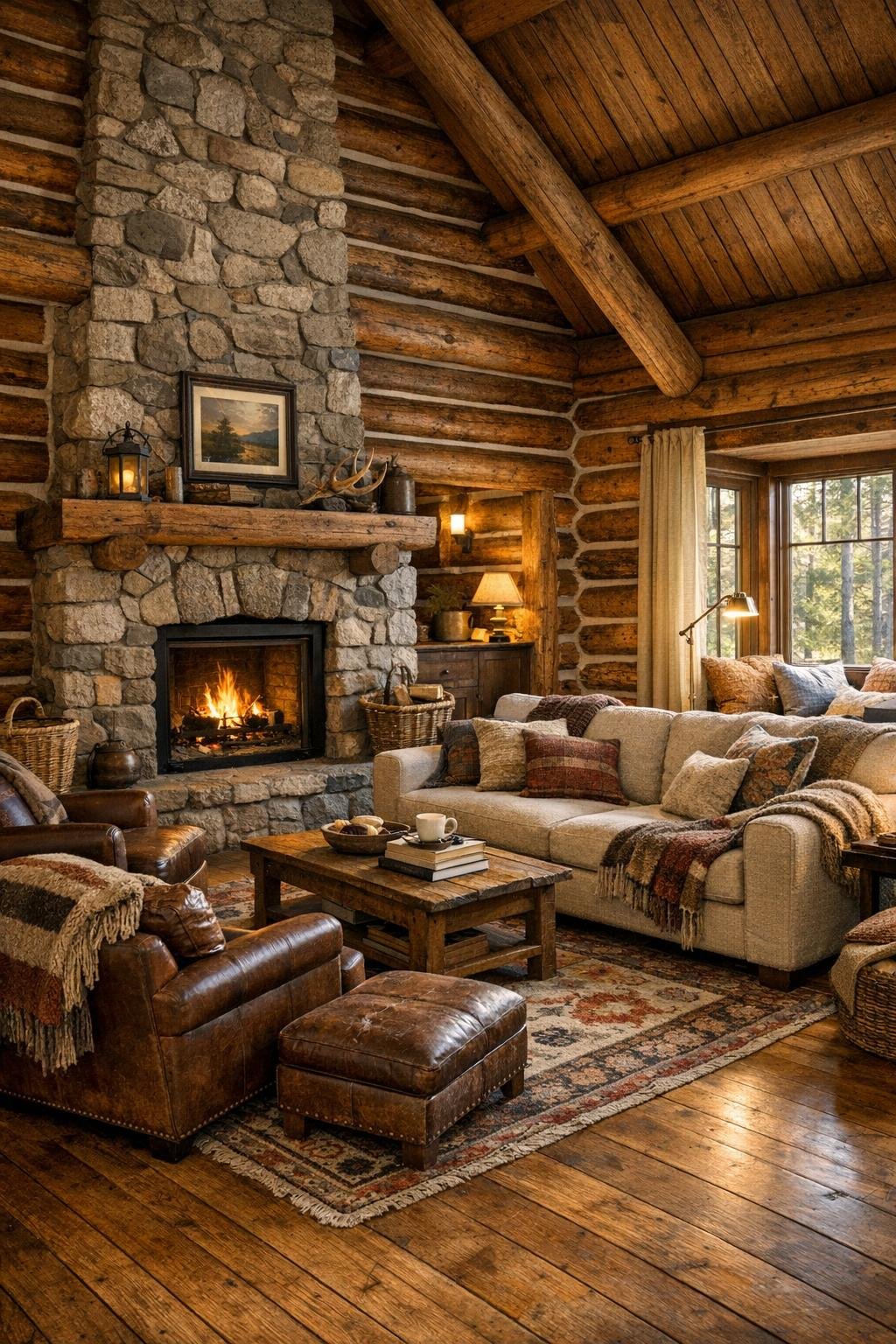 Rustic log living room with stone fireplace and a cozy reading corner by the window