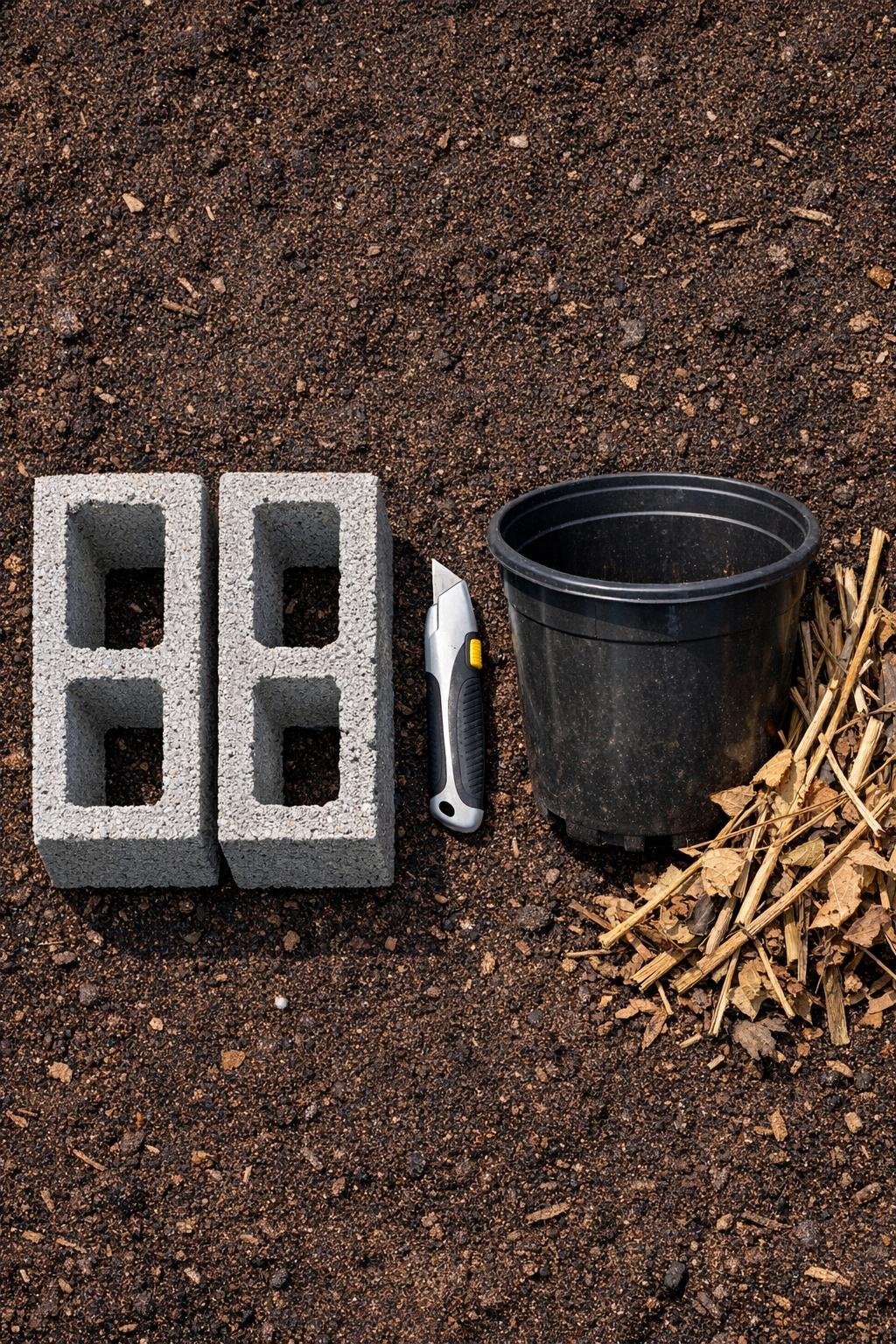 Materials for a simple garden debris chopper laid out on soil