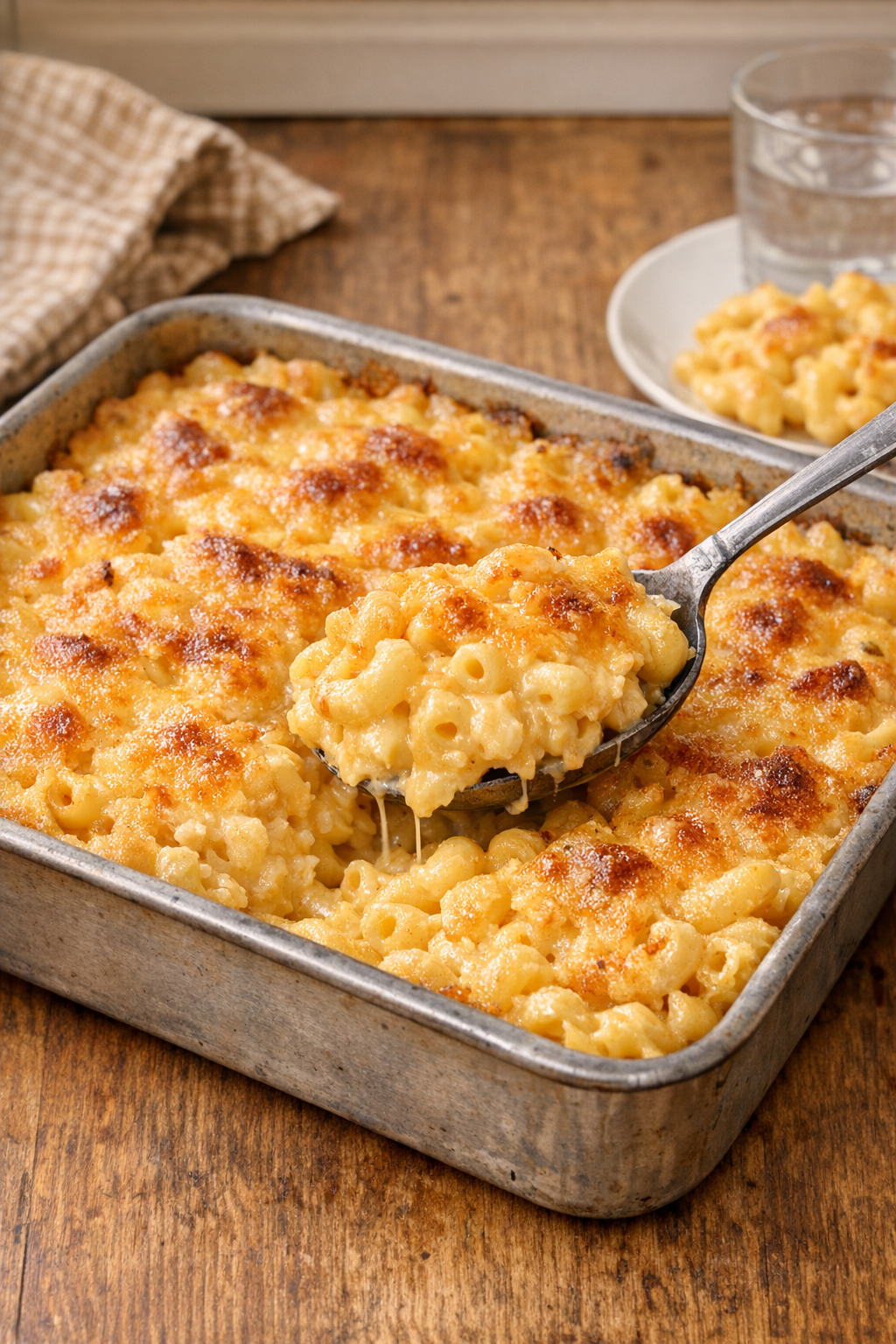 Finished baked cheddar soup macaroni in a rustic baking dish