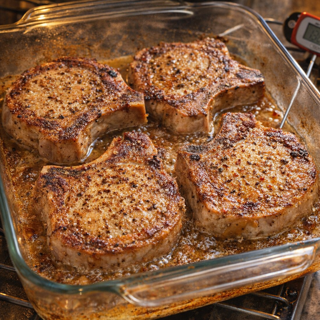 Baked pork chops browning in a glass casserole dish