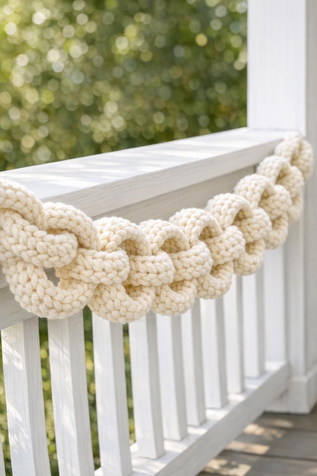 Finished chunky cream crochet porch garland made from covered cardboard rings
