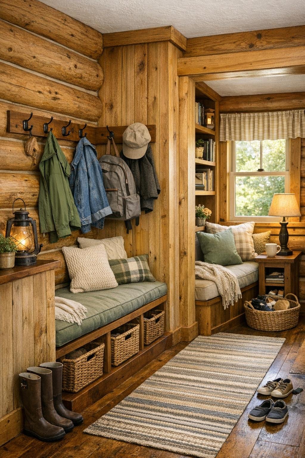 Charming mudroom and nook area with coat hooks, bench seating, baskets, and natural wood accents