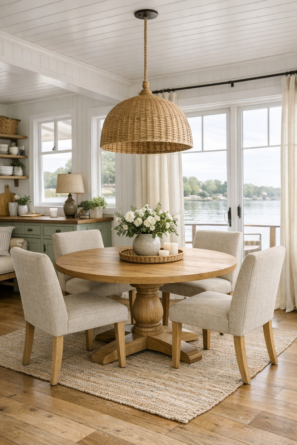 Open dining room with round oak table and woven pendant light