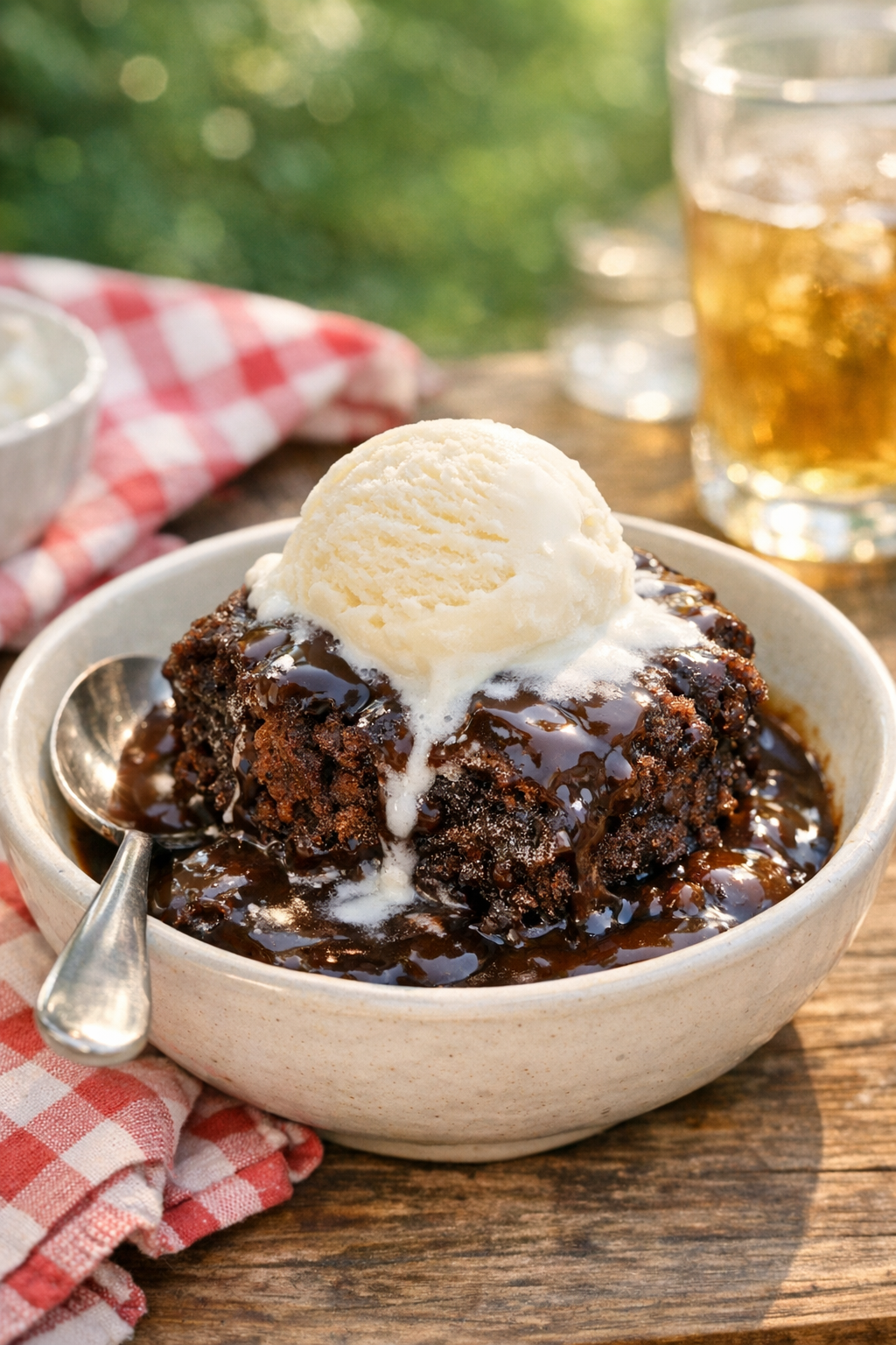 Plated chocolate pudding cake with ice cream