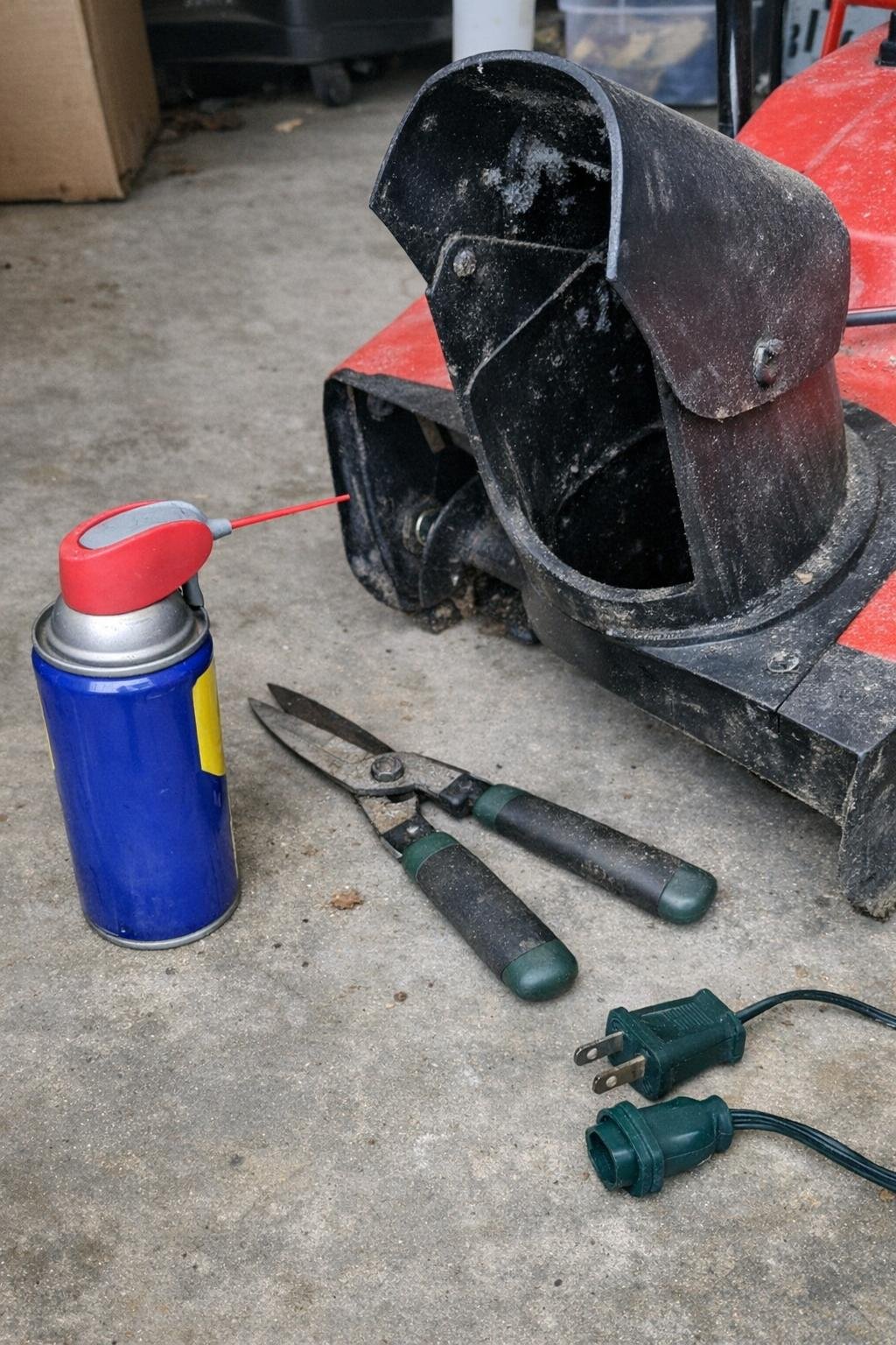 WD-40 winterizing a snow blower chute, garden shears, and outdoor light plugs