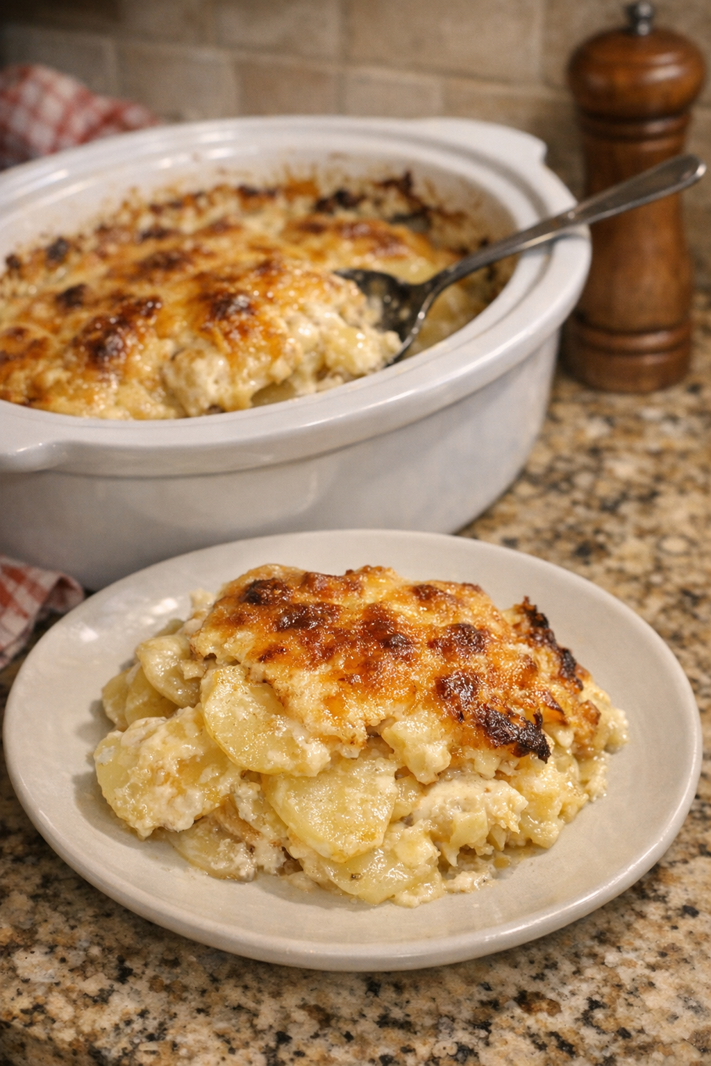 Finished slow cooker potato bake served warm and golden
