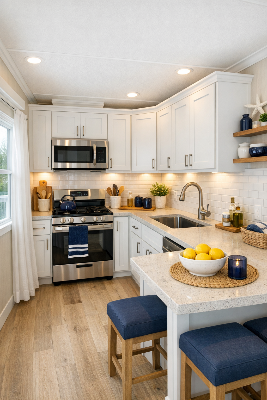 Compact coastal kitchen with white shaker cabinets, light countertops, and navy accents