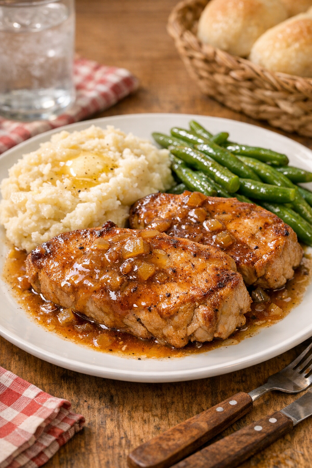 Finished slow cooker pork chops plated with sauce