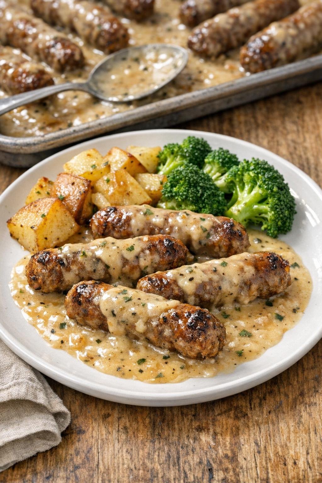 Baked beef sausage links in sauce on a sheet pan