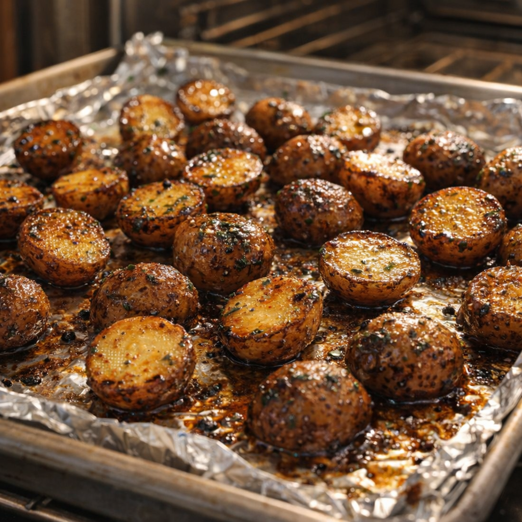 Broiled glazed potatoes on a sheet pan with crisped edges