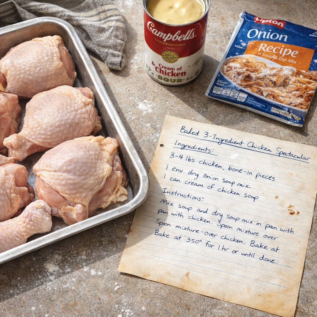 Vintage recipe card beside pantry ingredients on a farmhouse counter