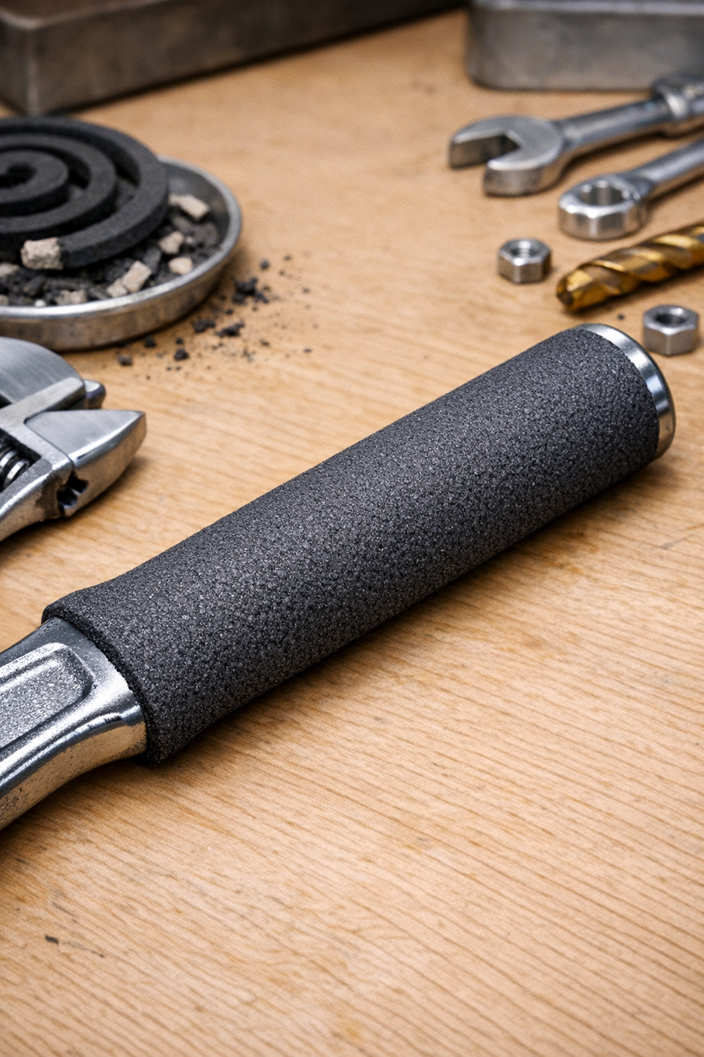 Finished hand tool with a dark textured moisture-wicking handle coating