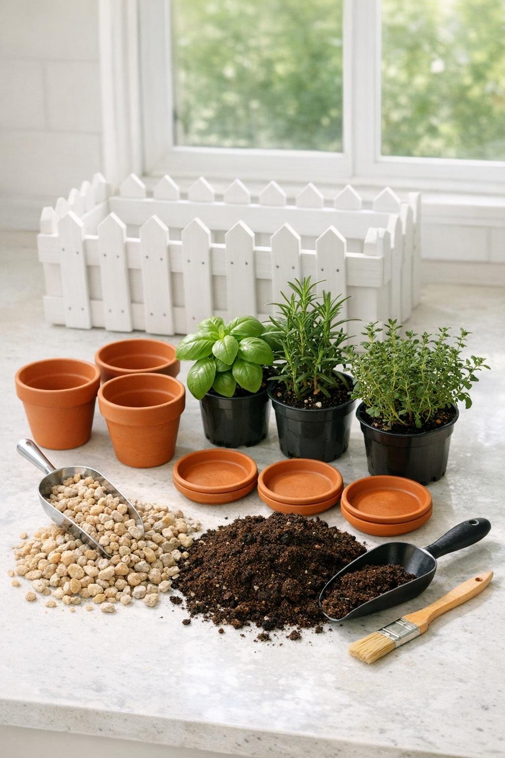Materials for a windowsill herb display laid out neatly