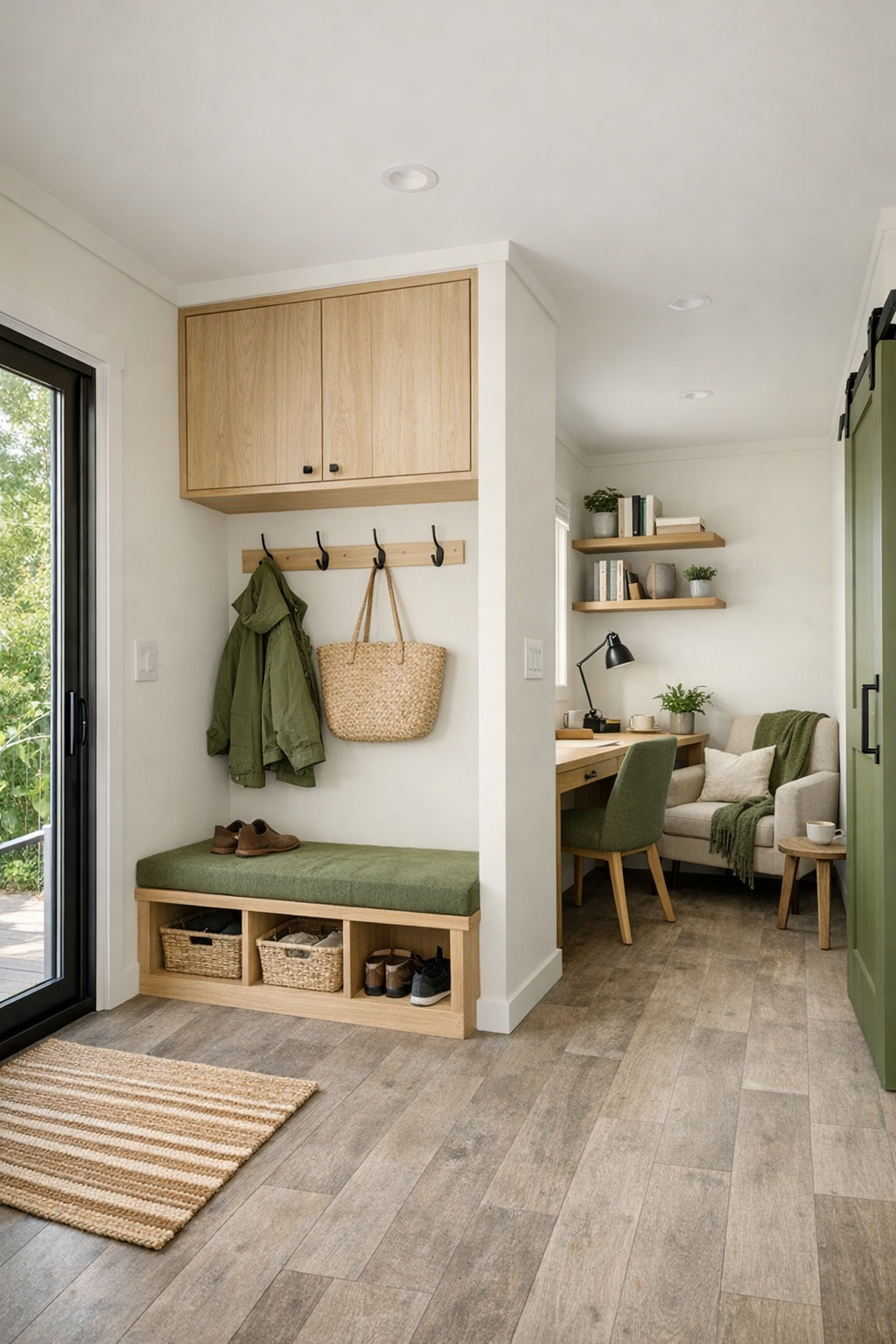 Organized entry and flex area with built-in storage and a small reading corner