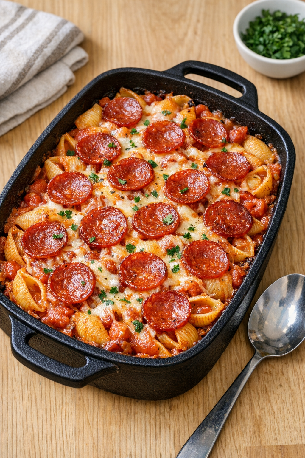 Finished pepperoni pasta bake in a cast iron casserole dish