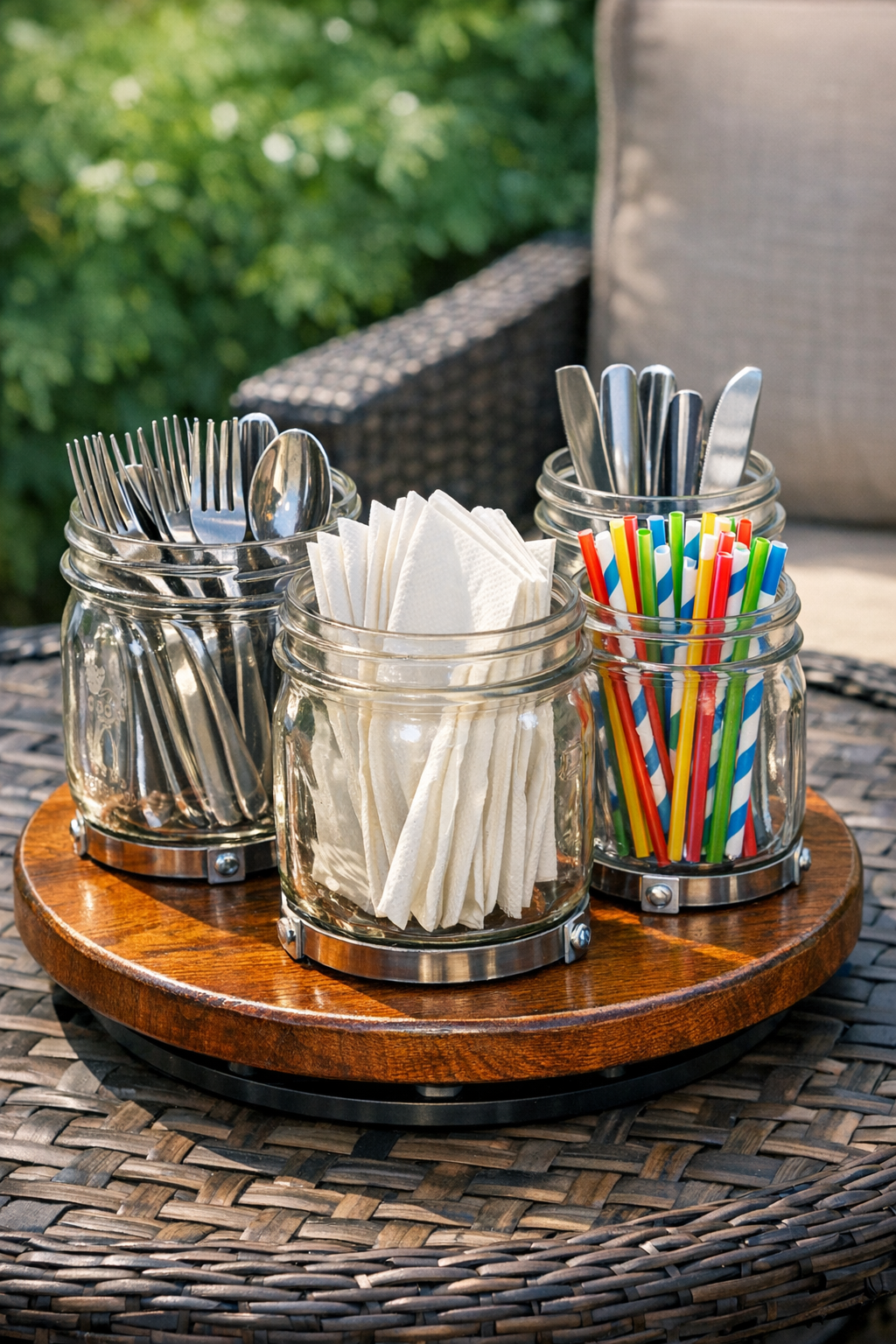 Finished mason jar lazy Susan utensil caddy for outdoor dining