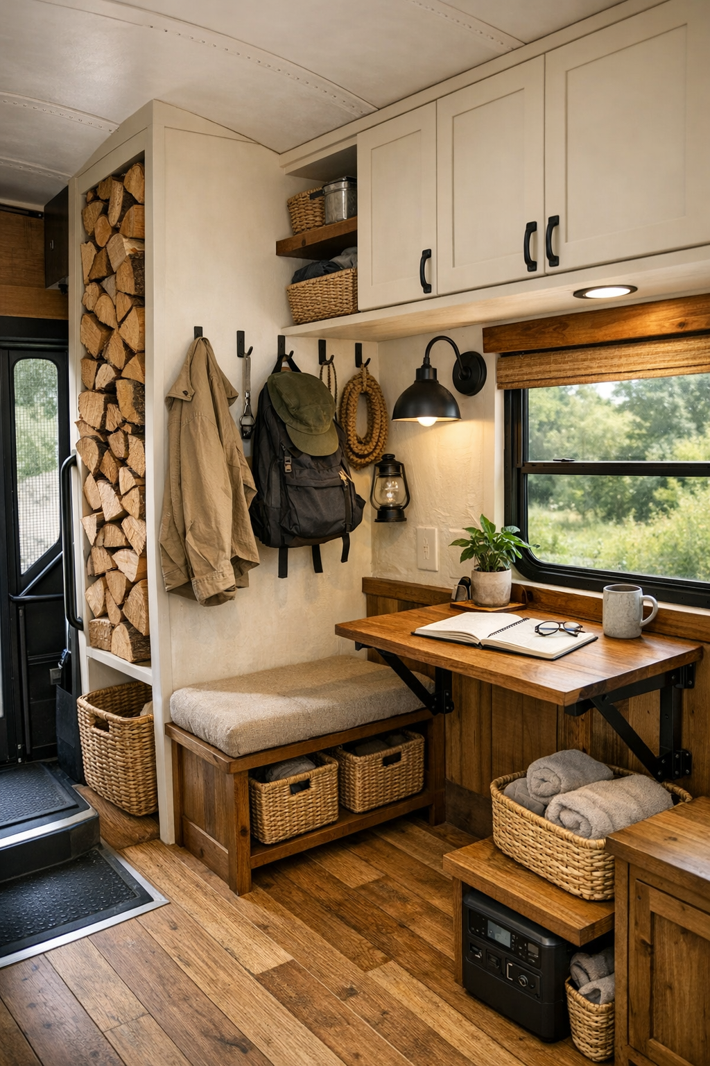 Functional bus entry and utility area with built-in storage and small workspace