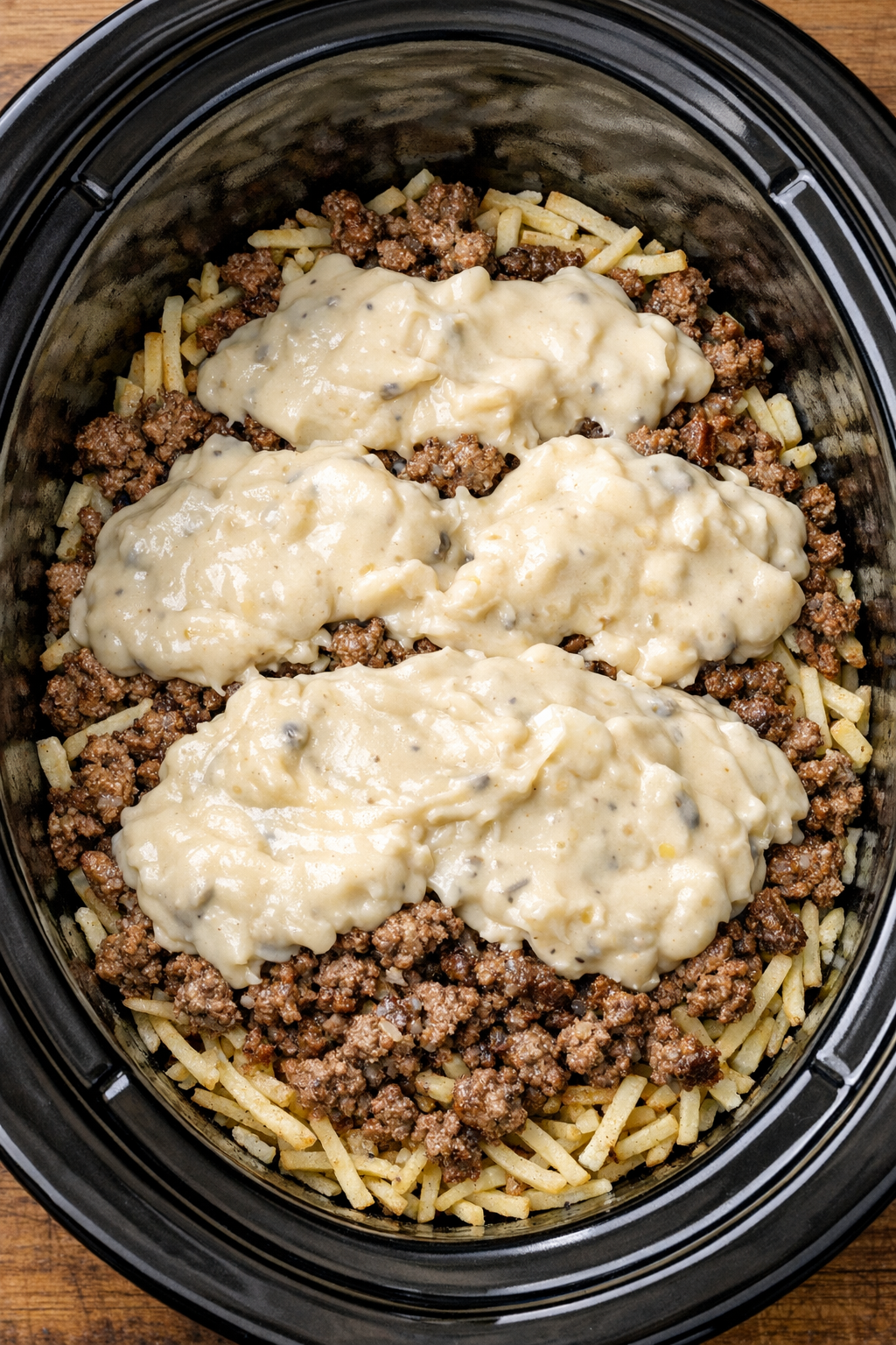 Beef and soup layered over potatoes in the slow cooker