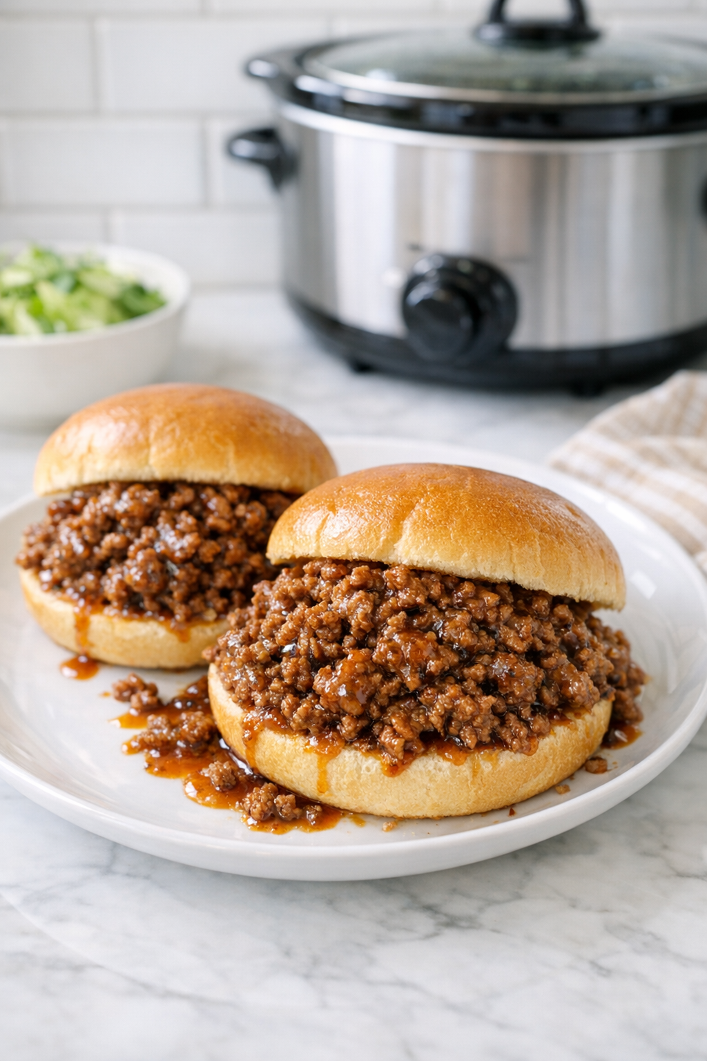Finished slow cooker lemonade beef plated on sandwich buns