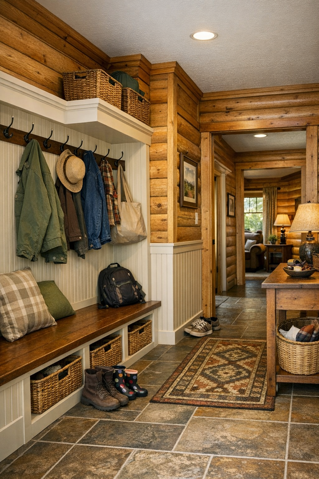 Well-designed mudroom and hallway with classic built-ins and practical storage