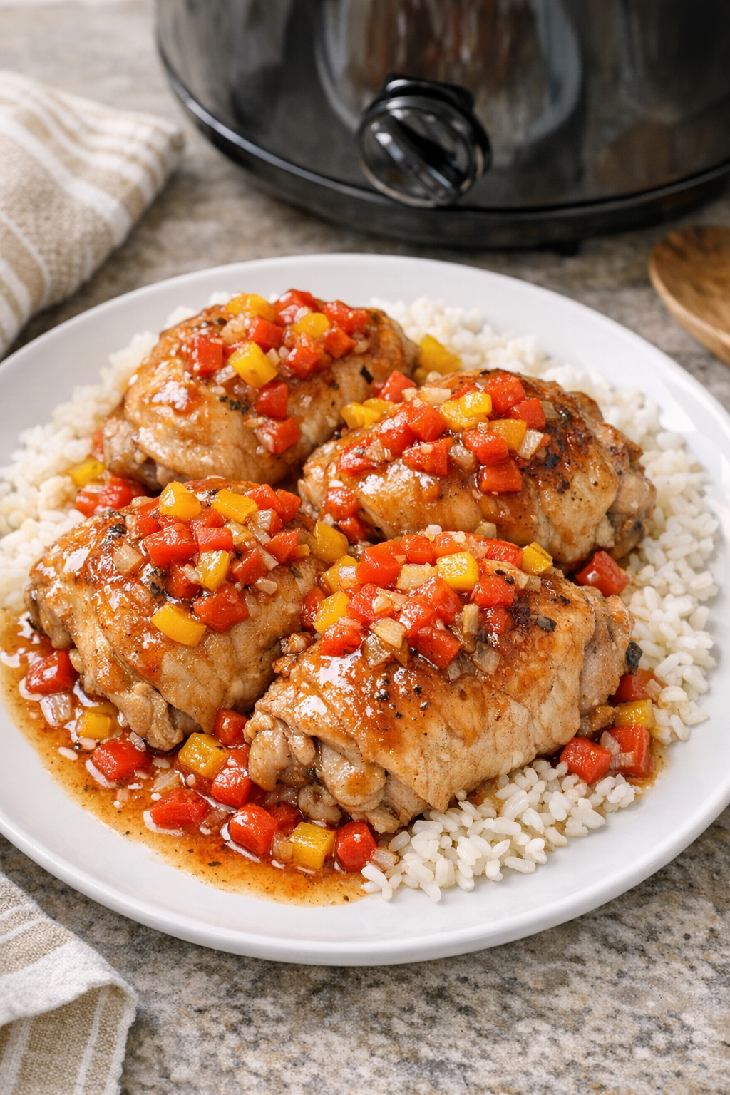 Finished slow cooker summer sizzle chicken plated with peppers and sauce
