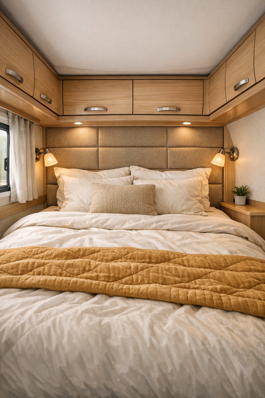Calm RV bedroom with flax upholstered panels, ivory bedding, and pale wood storage