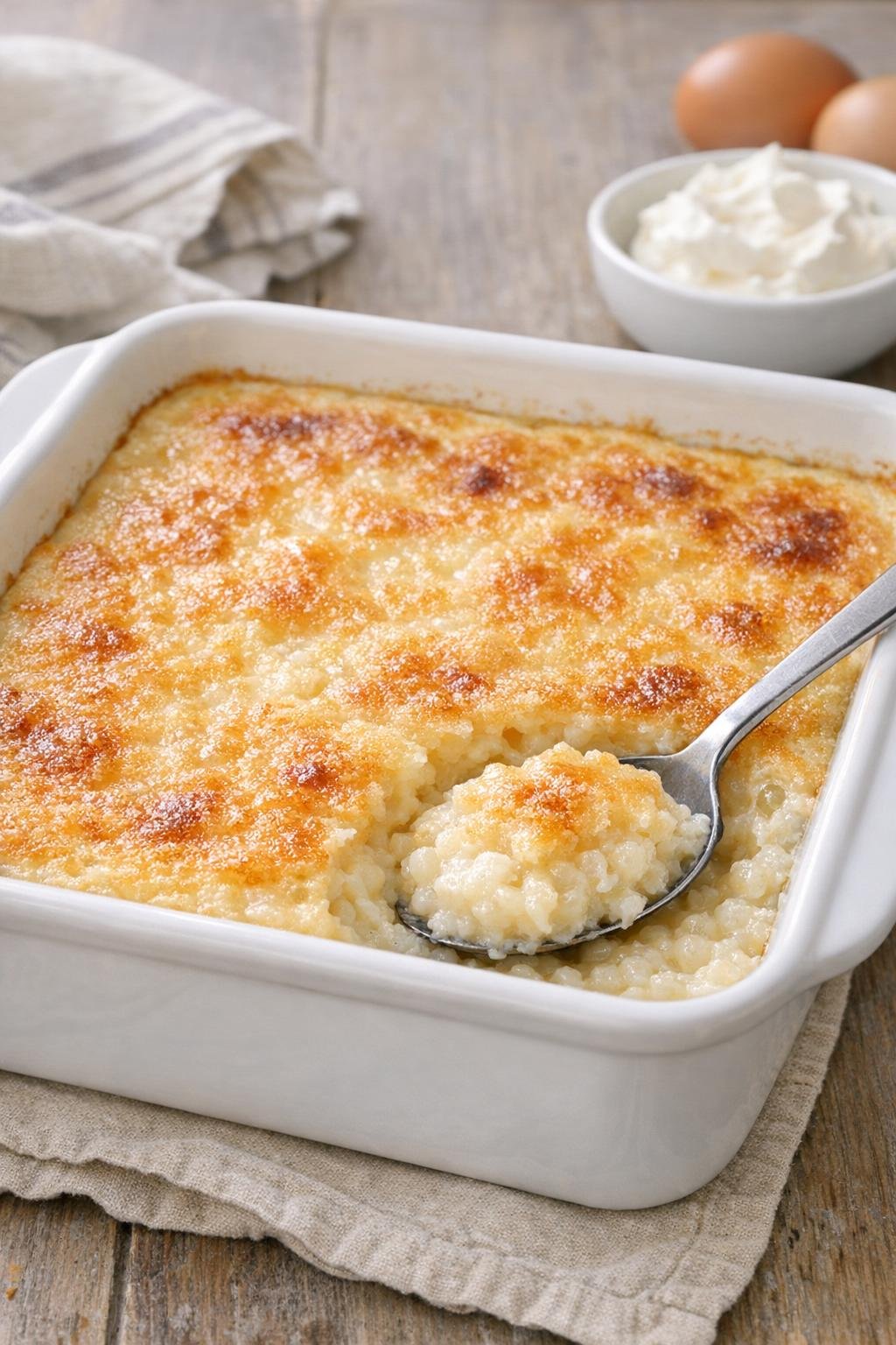 Baked tapioca pudding in a white dish
