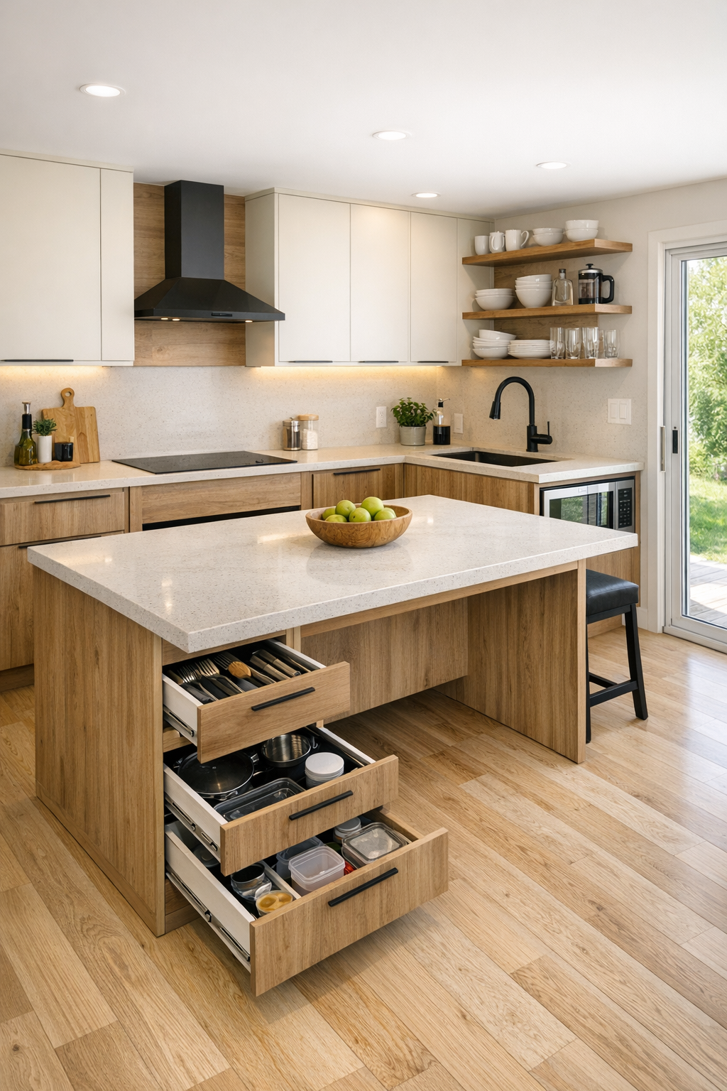 Streamlined accessible kitchen with warm wood cabinetry and pale quartz surfaces