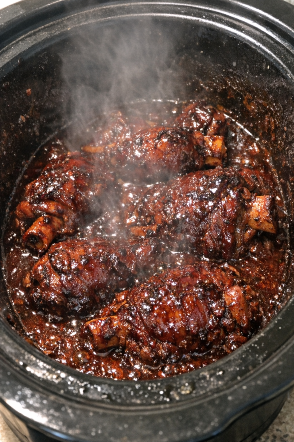 Tender glazed pork shanks in crimson sauce in a slow cooker