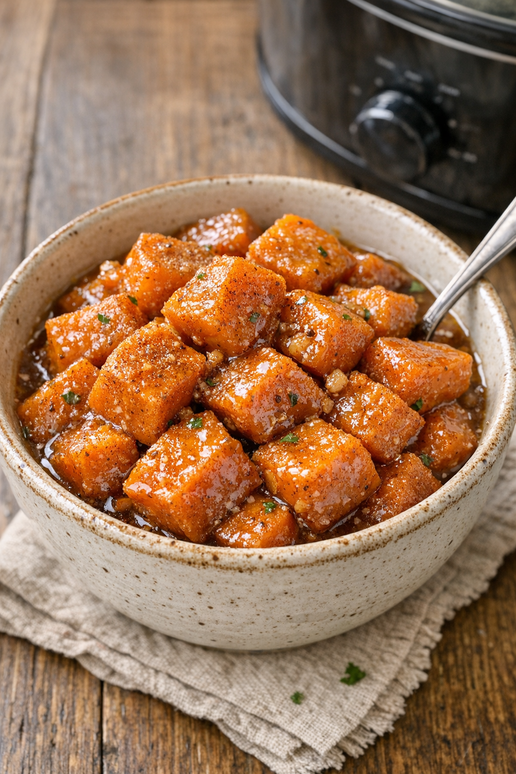 Finished slow cooker Amish sweet potato spuds
