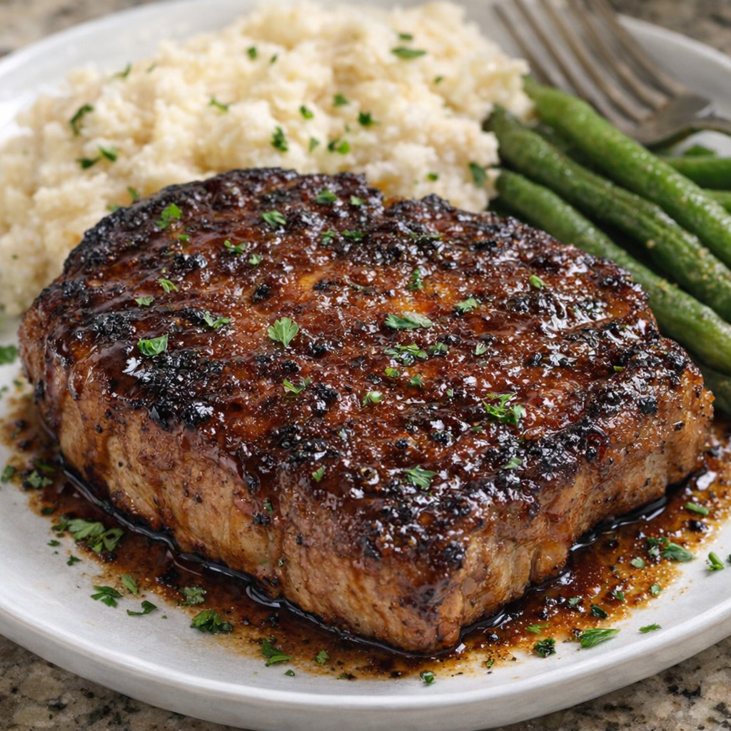 Sauced pork chops arranged in baking dish