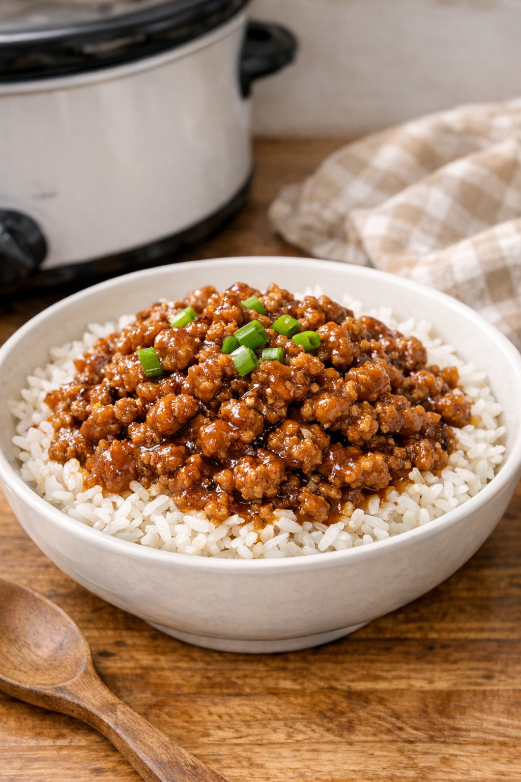 Finished slow cooker ground pork served over rice
