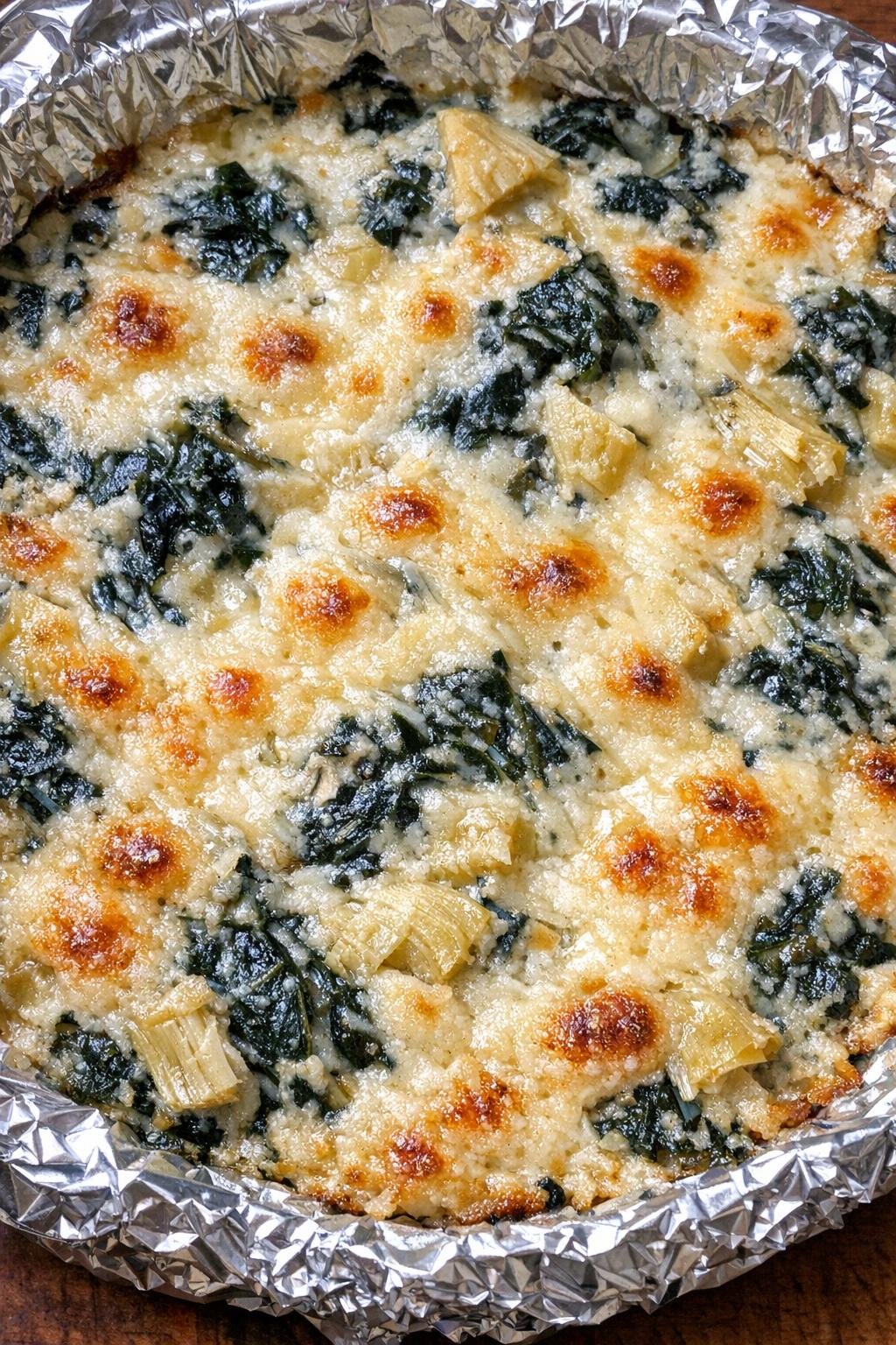 Bubbling spinach artichoke dip in a foil-lined platter