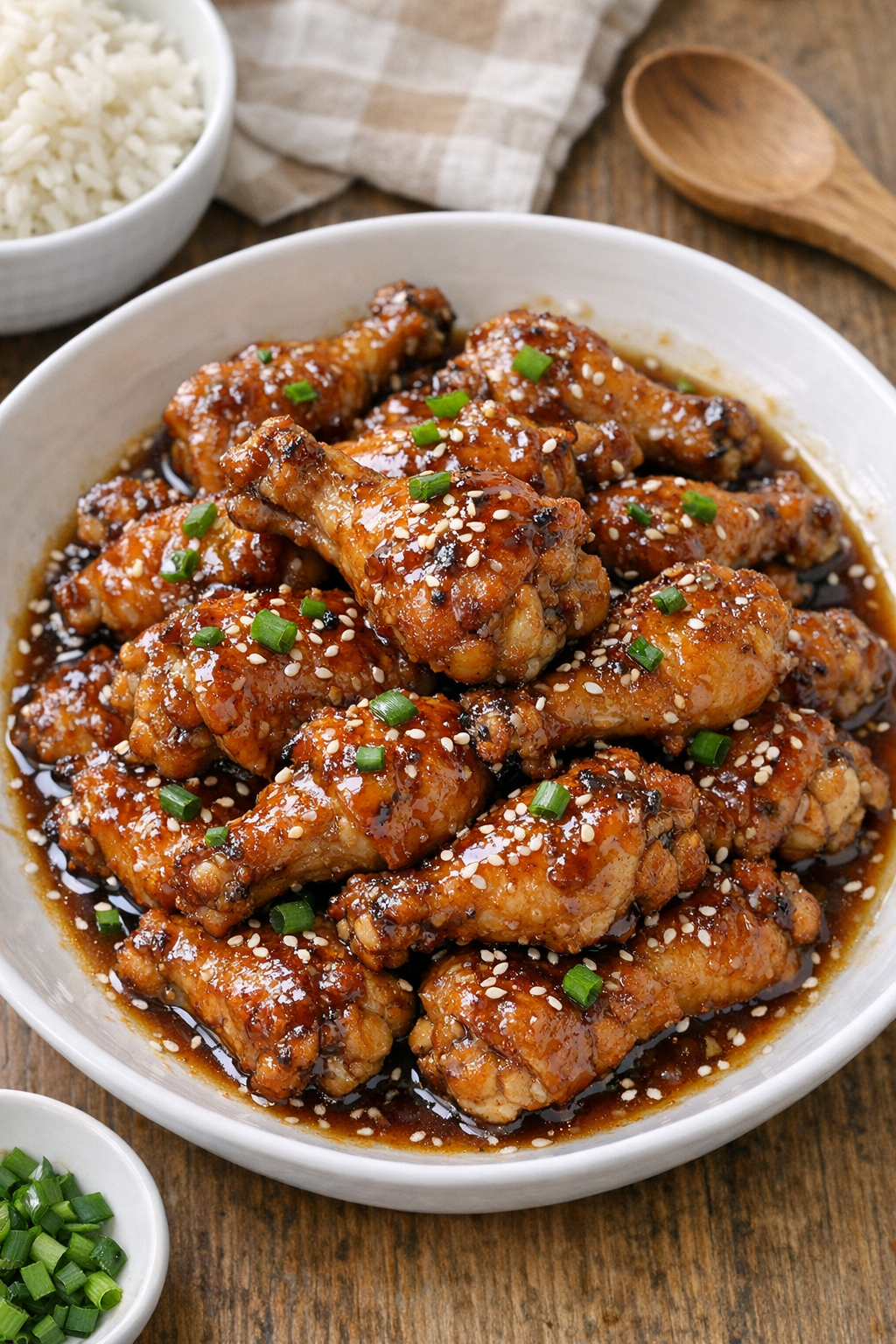 Finished slow cooker chicken drummettes plated with sauce
